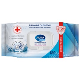 Влажные салфетки  AURA Family 120 шт универсальн с антибактериальным эффектом с крышк